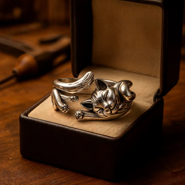 Vintage sølvring med kat