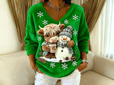 Ingrid - V-udskæringsbluse med et skotsk Yeti-koeprint