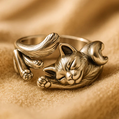 Vintage sølvring med kat